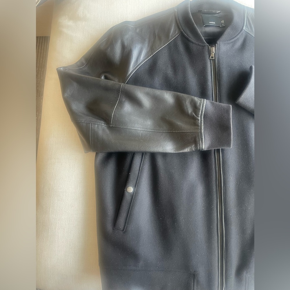 Vince Men’s Jacket Black Wool with Black Leather Sleeves - Size XL New Condition